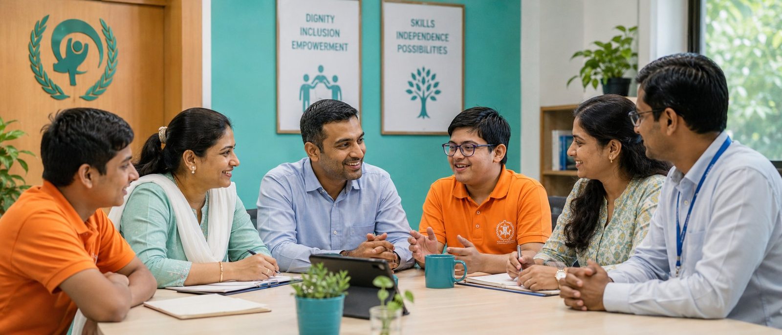A Manovikas teacher and learners working together at a skills table