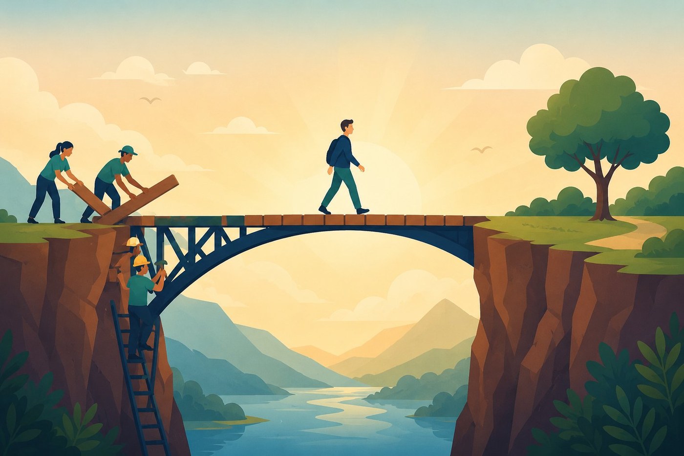 Illustration: a bridge being built across a gap, a learner crossing safely