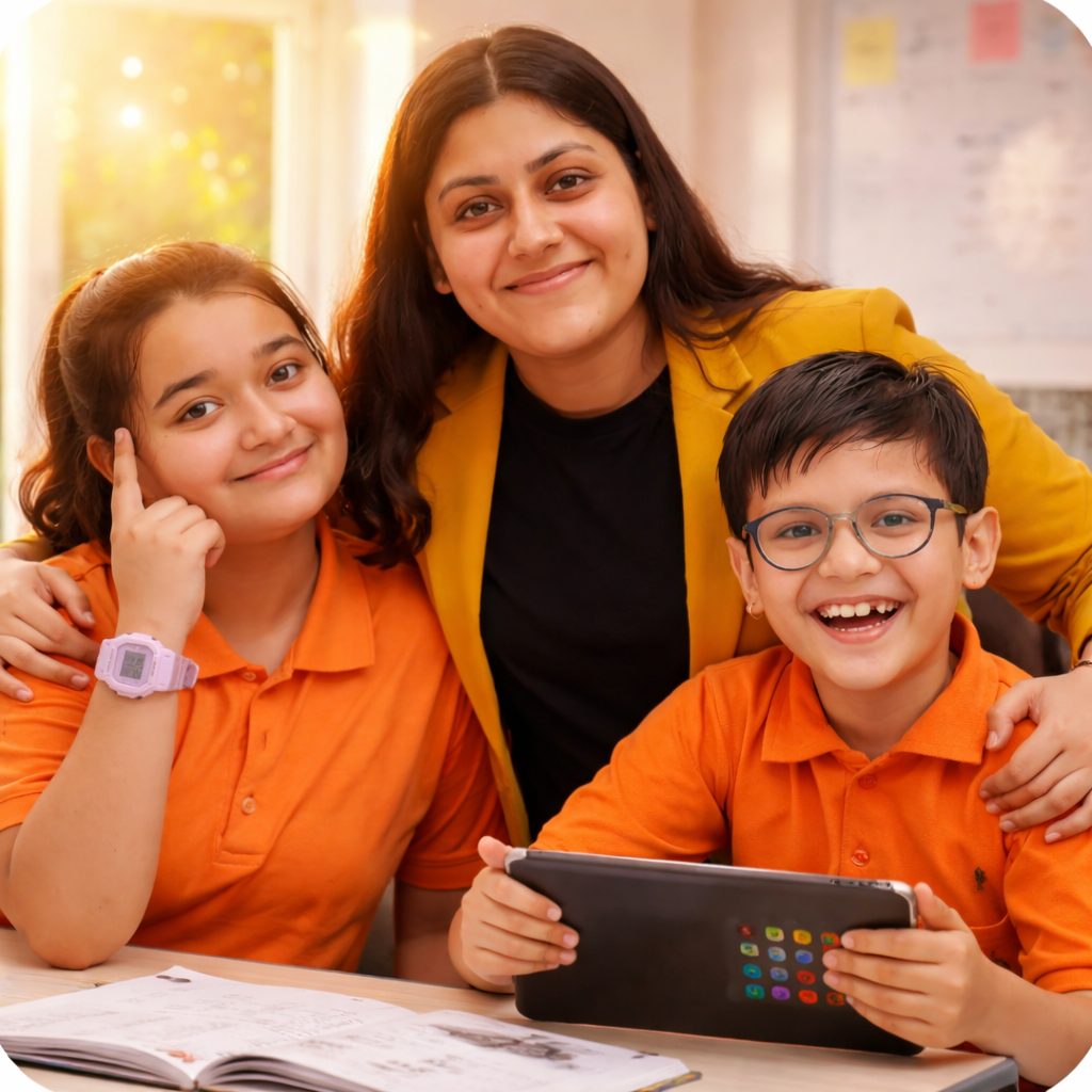 A teacher with two smiling students learning together at Manovikas