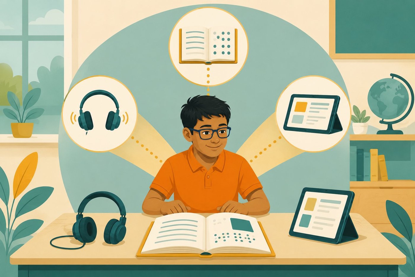An illustration of a learner supported by headphones, a book and a tablet
