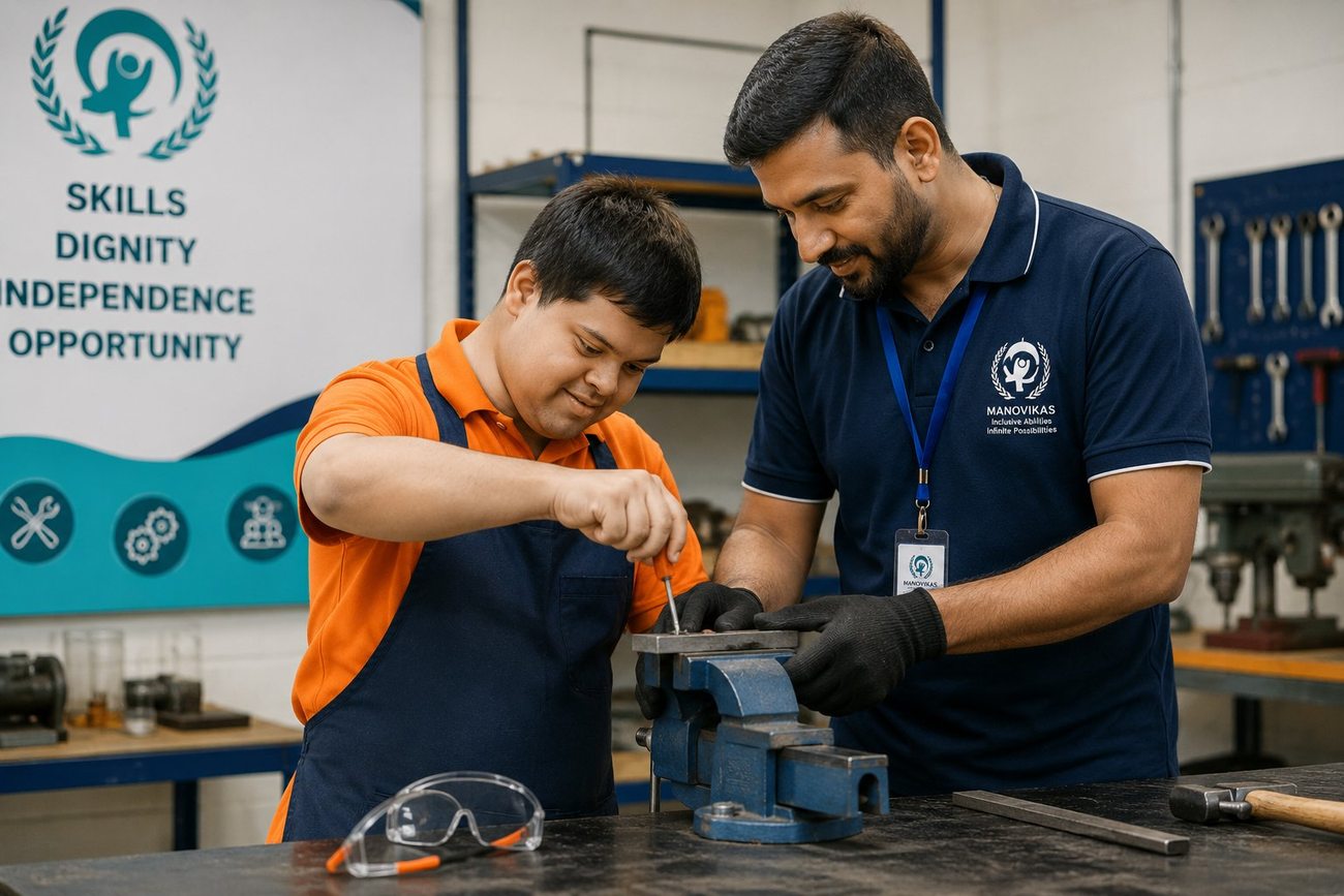 A learner building practical skills with a trainer at Manovikas