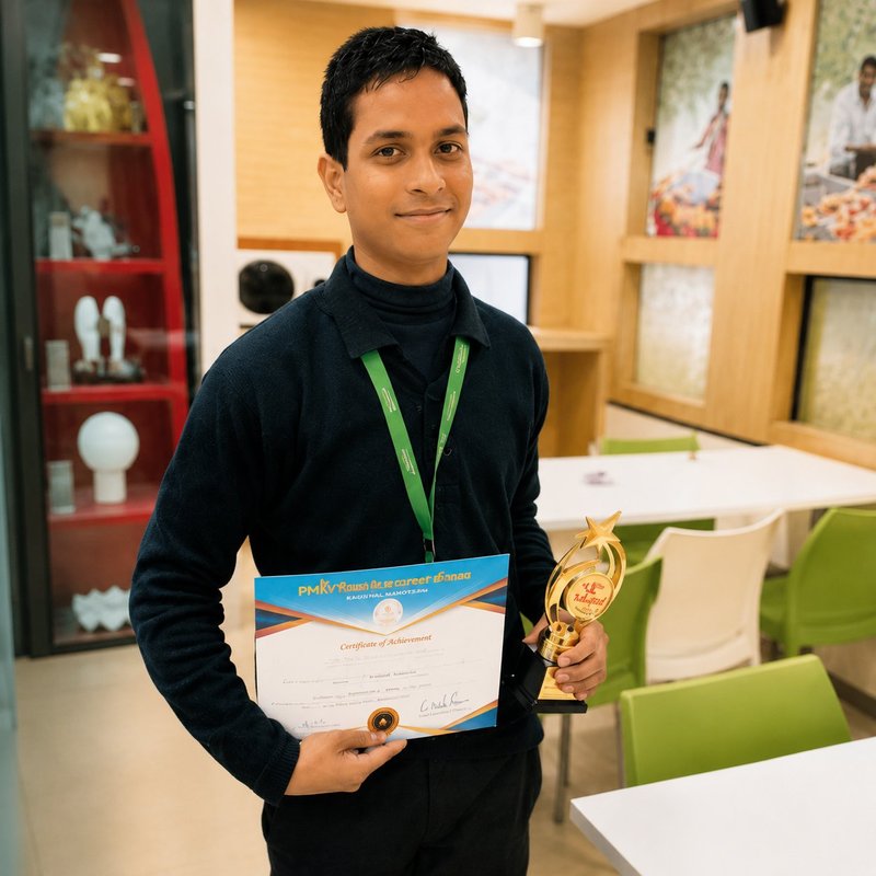 Illustrative portrait of a young man with a certificate and trophy