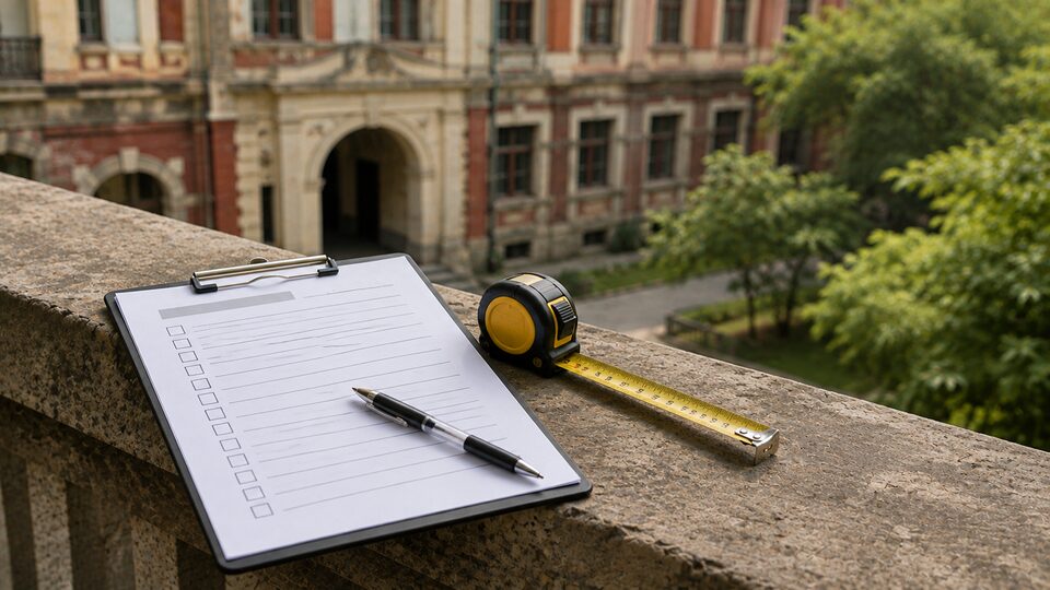 A clipboard checklist, measuring tape and pen resting on a stone parapet at a college