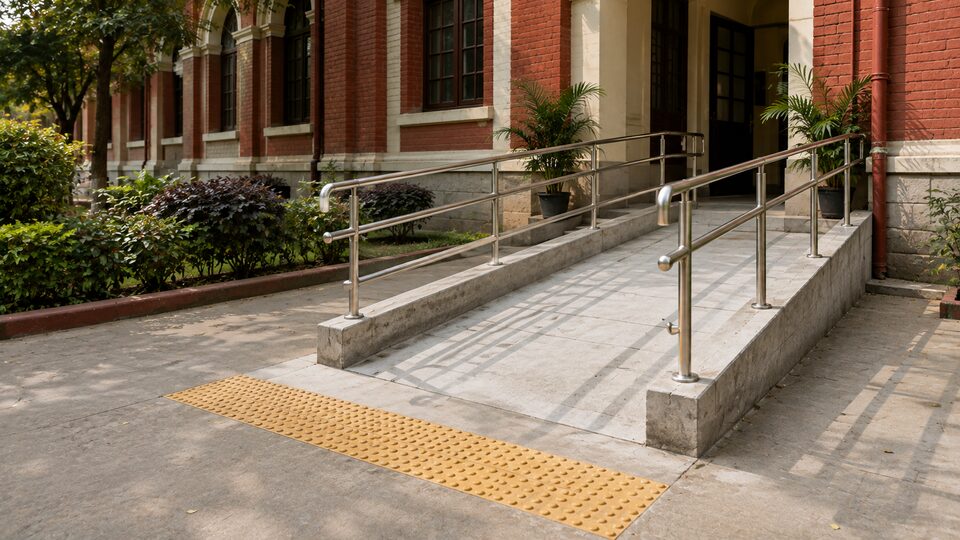 A concrete access ramp with steel handrails and tactile paving at a college entrance
