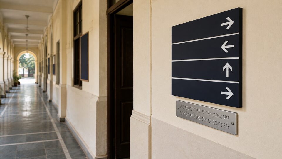 High-contrast directional signage with a braille plate in a college corridor