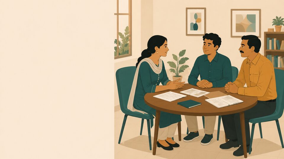 Illustration: a counsellor meeting a young adult and a parent