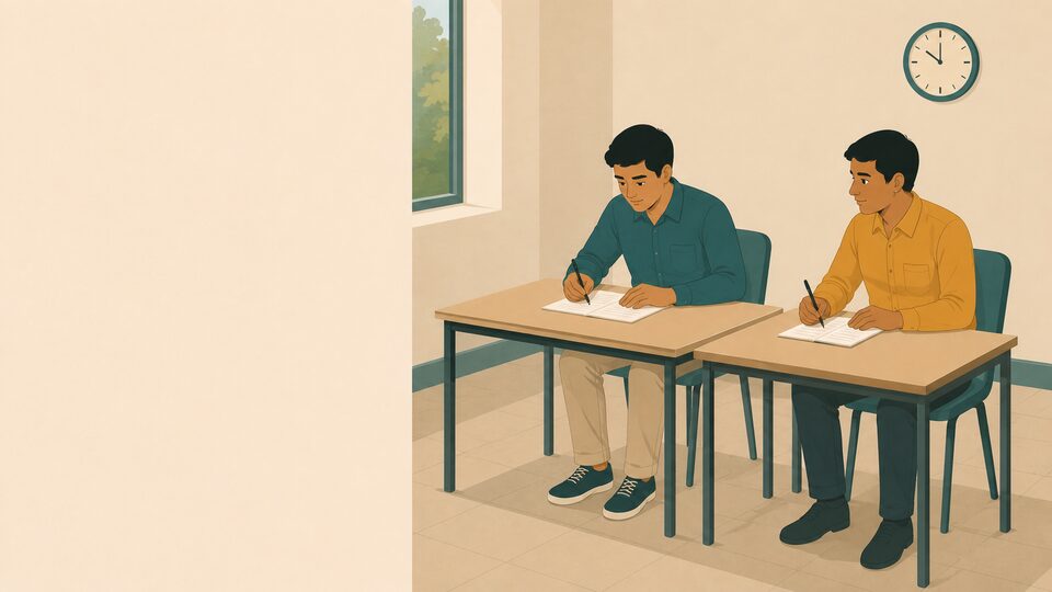 Illustration: a student writing an exam with a scribe alongside