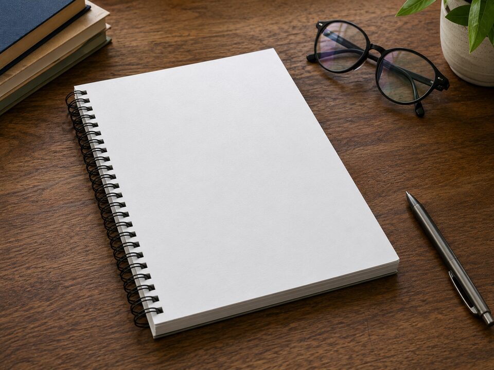 A printed spiral-bound report on a desk beside reading glasses and a pen