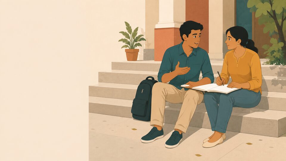 Illustration: two students studying together on campus steps