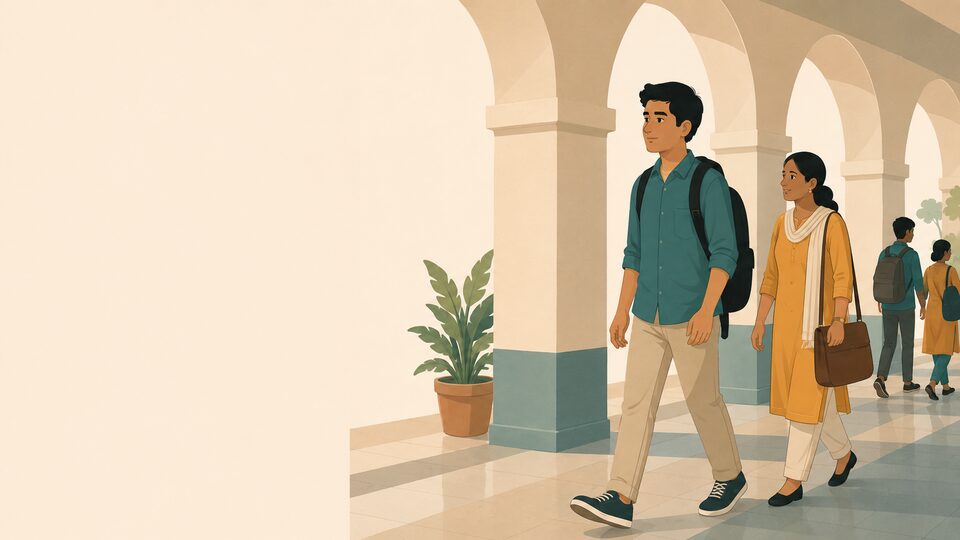 Illustration: a student and a parent walking through a college corridor