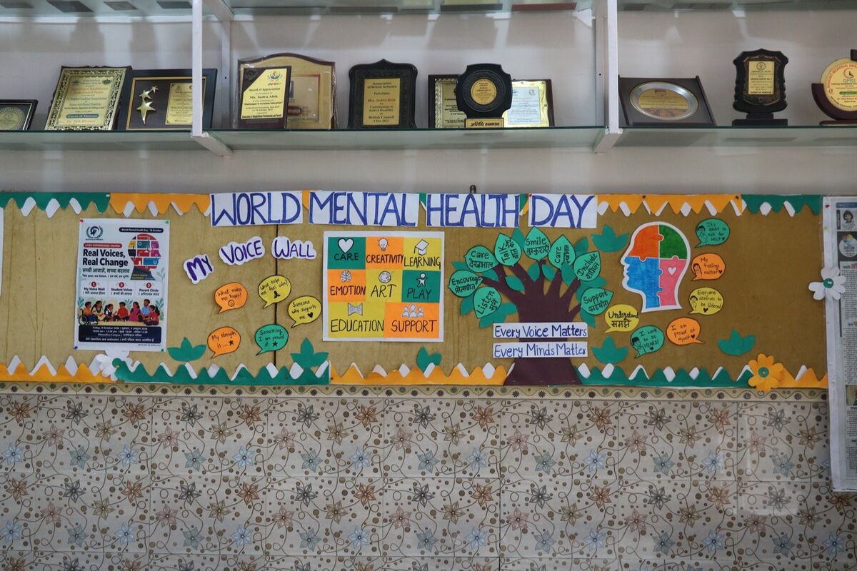 The My Voice Wall: a World Mental Health Day display with a tree of feelings and the words Every Voice Matters, Every Mind Matters